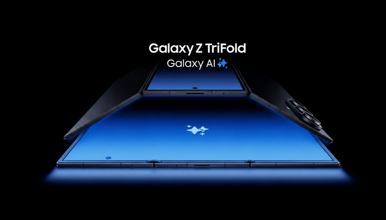 A Samsung Galaxy Z TriFold phone, partially unfolded, displaying a blue screen with a sparkling icon, set against a dark background.