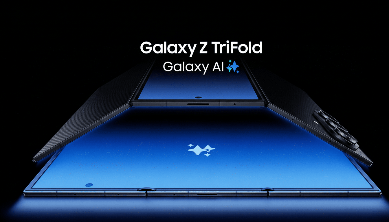 A Samsung Galaxy Z TriFold phone with a blue screen displaying the Galaxy AI logo, set against a dark background.