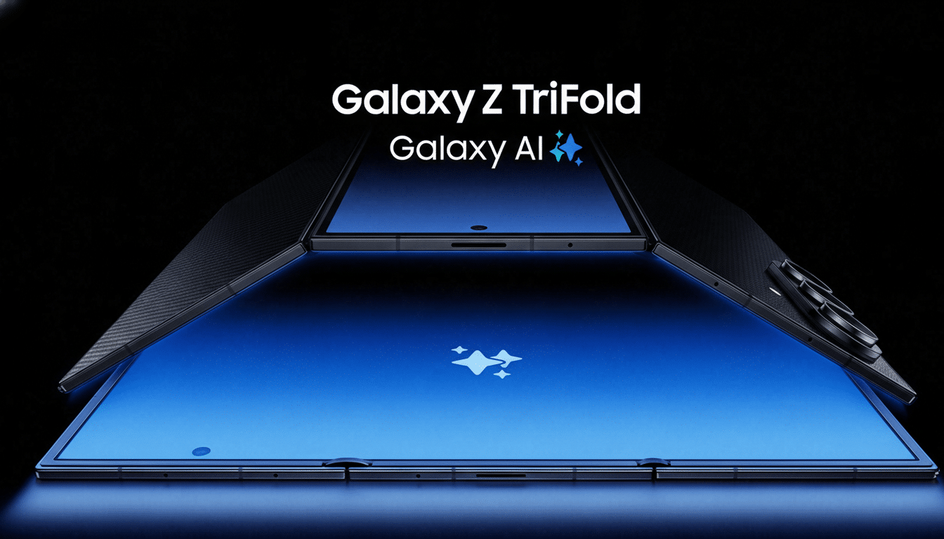 A Samsung Galaxy Z TriFold phone, partially open, displaying a blue screen with a white star icon, against a dark background with the text Galaxy Z TriFold and Galaxy AI above it.