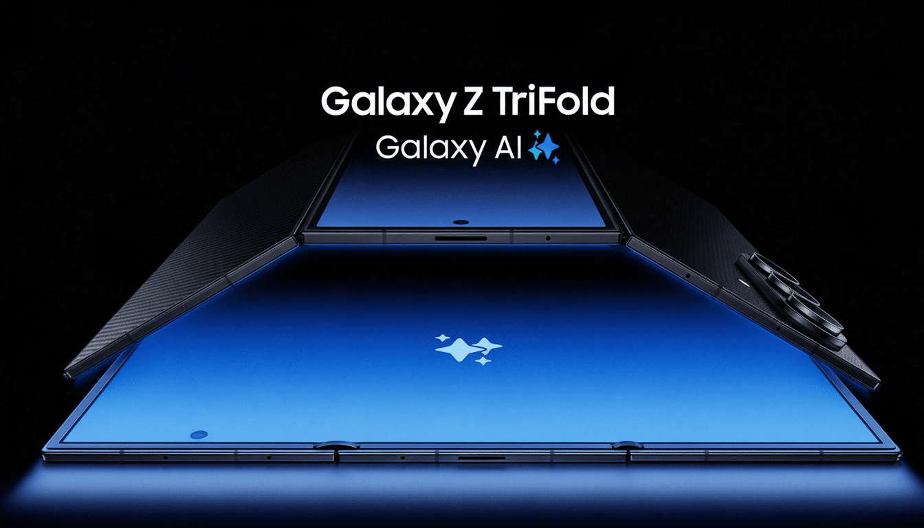 A Samsung Galaxy Z TriFold phone, partially open, displaying a blue screen with a white star icon, against a dark background with the text Galaxy Z TriFold and Galaxy AI above it.