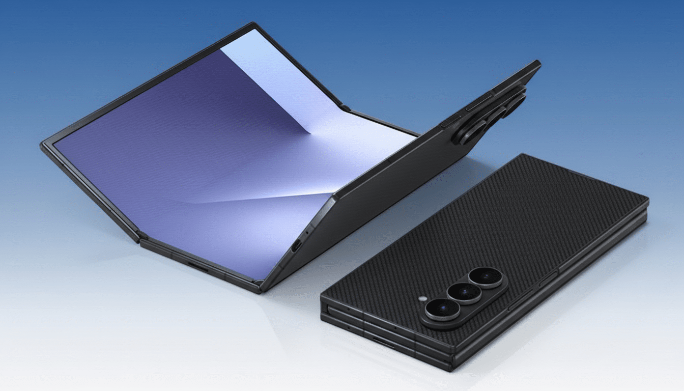 A black foldable smartphone, one unit partially unfolded to reveal its screen, and another unit folded, showcasing its camera array, both set against a blue and white gradient background.