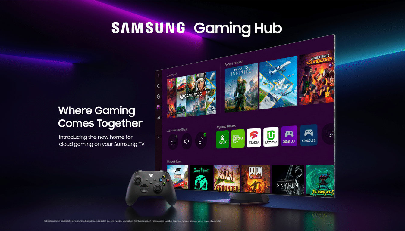 A Samsung Gaming Hub advertisement showing a television displaying various game titles and a black Xbox controller in the foreground.