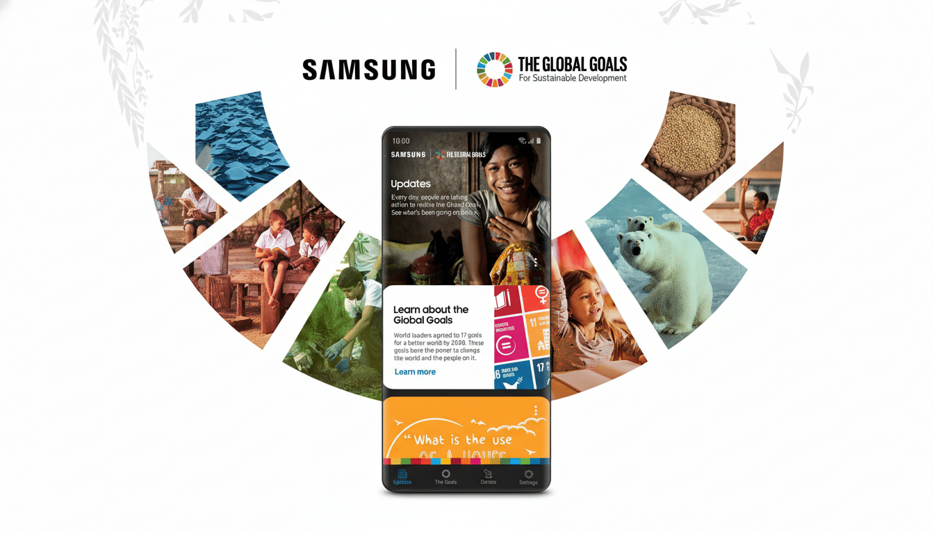 A Samsung phone displaying The Global Goals app, surrounded by various images related to global development, all set against a clean, professional background.