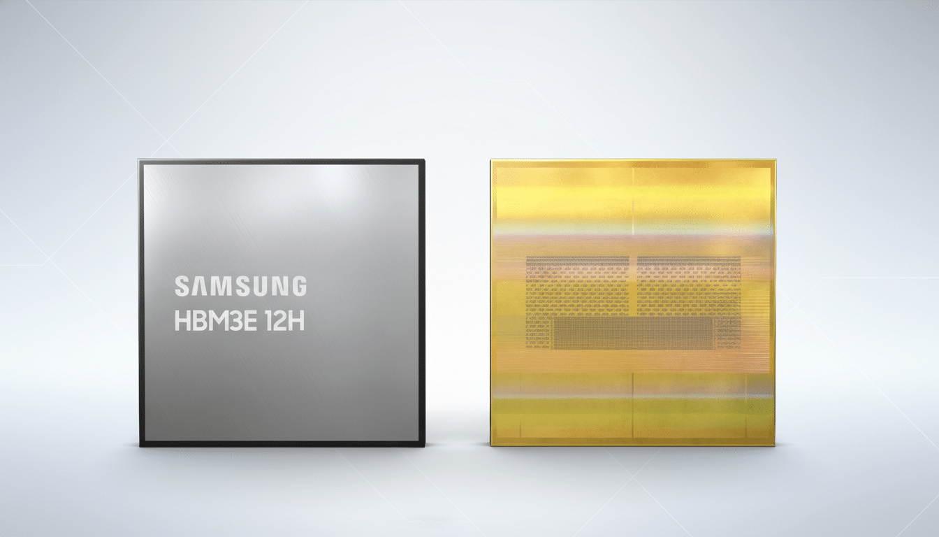 A Samsung HBM3E 12H memory module, with its silver top casing visible, is positioned next to a golden, exposed view of the same module, showcasing its internal chip architecture. Both are set against a clean, professional light gray background with subtle geometric patterns.