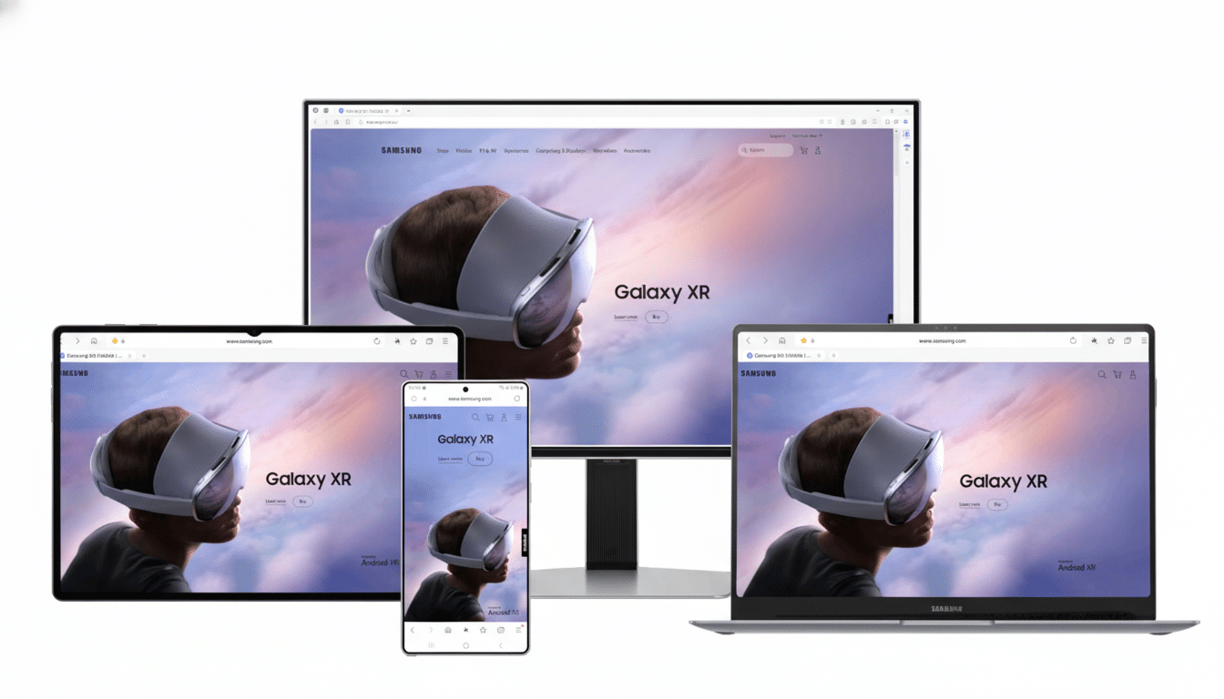 A collection of Samsung devices, including a monitor, tablet, smartphone, and laptop, all displaying the Samsung website featuring Galaxy XR with a person wearing a VR headset.