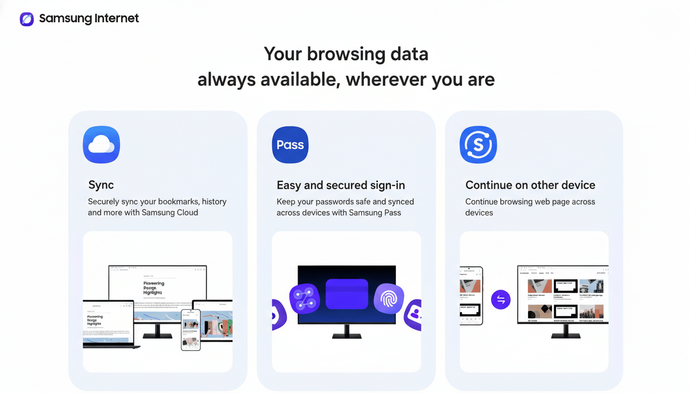 A 16:9 aspect ratio image showcasing three features of Samsung Internet: Sync, Pass, and Continue on other device.