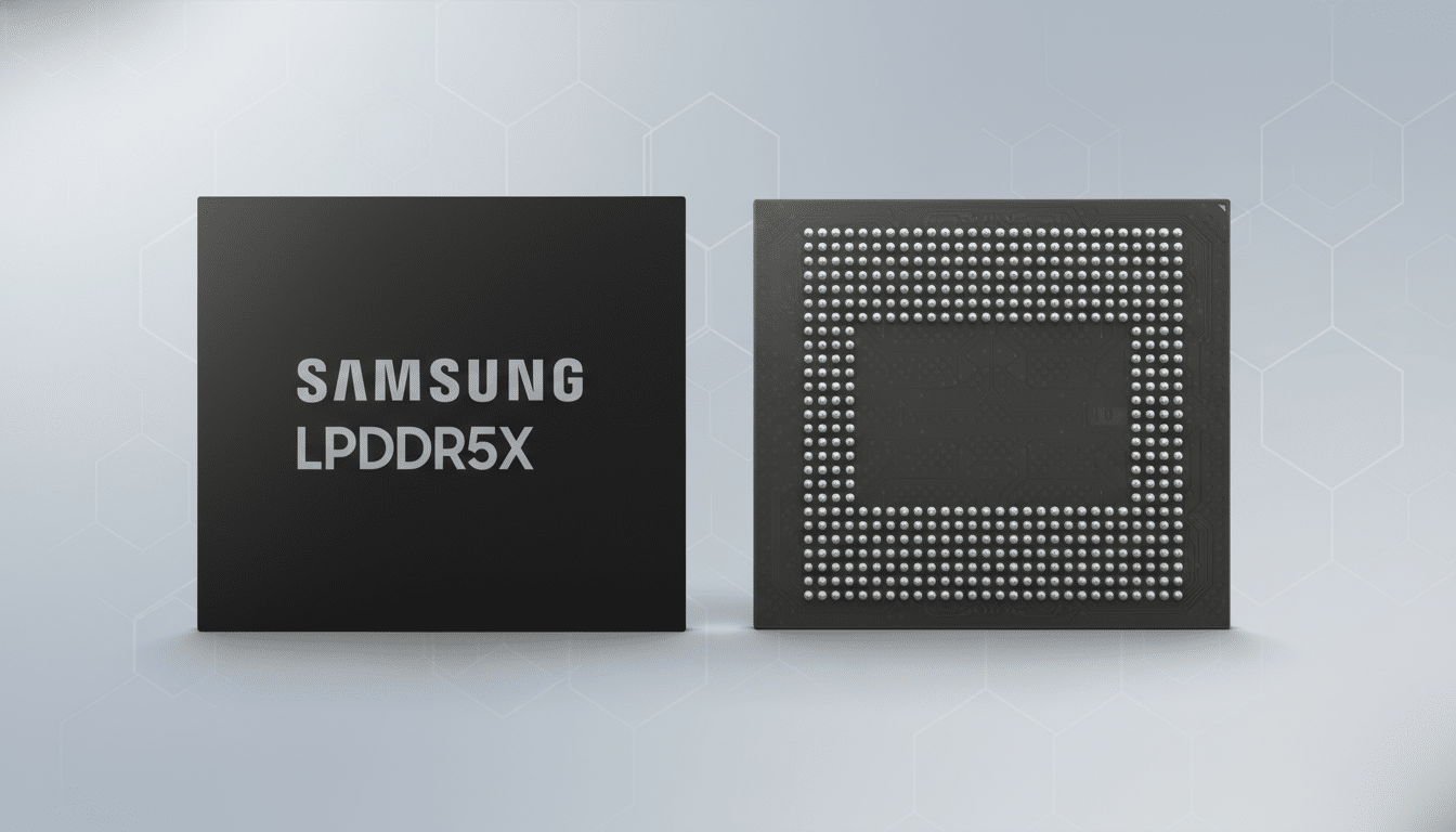 A 16:9 aspect ratio image showing two views of a black Samsung LPDDR5X memory chip on a professional flat design background with soft hexagonal patterns.
