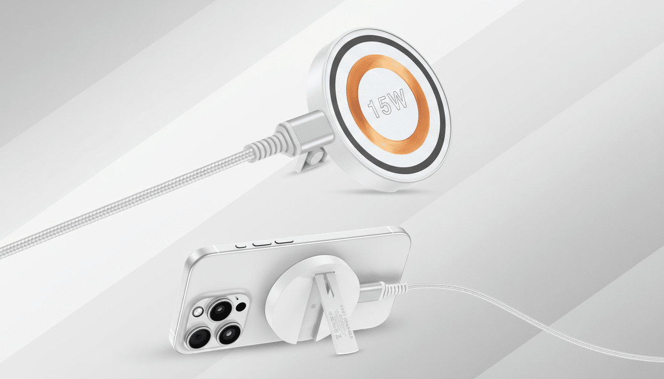 A 16:9 aspect ratio image of a white 15W wireless charger, shown both connected to a silver smartphone and separately, against a professional flat design background with soft gray patterns.