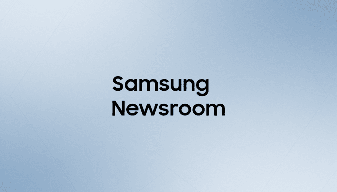 The Samsung Newsroom logo is displayed on a light blue background with a subtle gradient and geometric pattern.