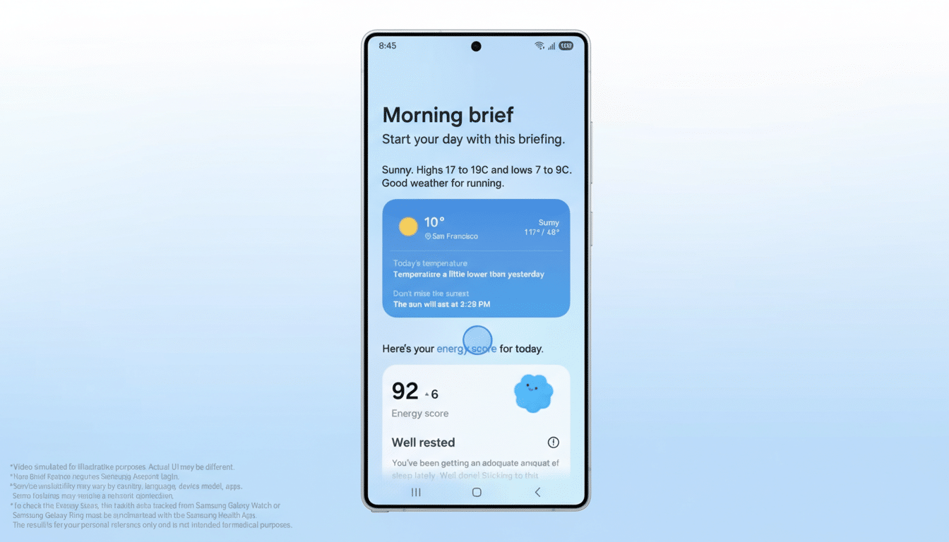 A smartphone displaying a Morning brief with weather information and an energy score, set against a light blue background.