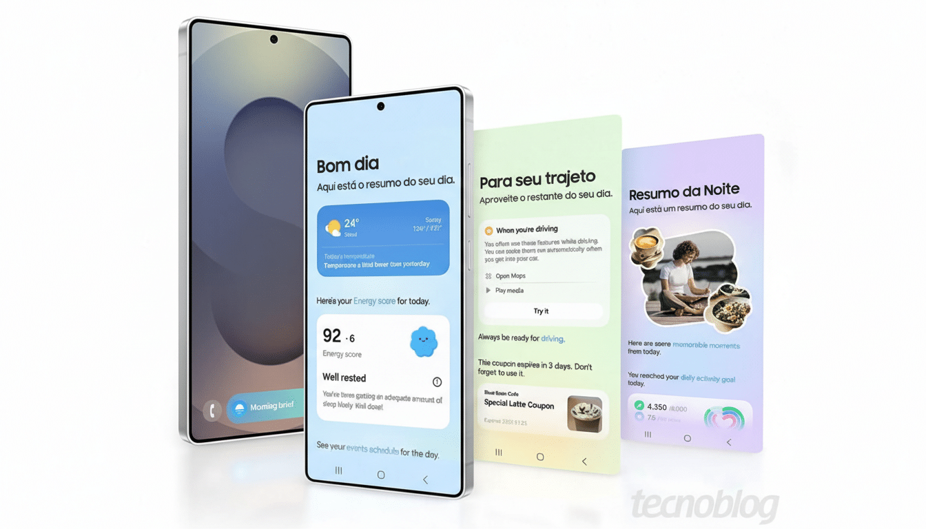 A 16:9 aspect ratio image of three Samsung smartphones displaying various app screens, with a fourth phone partially visible in the background. The screens show a Good Morning summary, a For Your Trip screen, and a Night Summary with daily activity goals.