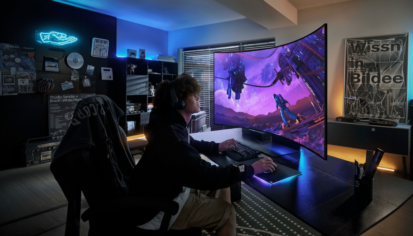 A person playing a video game on a large, curved monitor in a dimly lit room with blue and purple lighting.