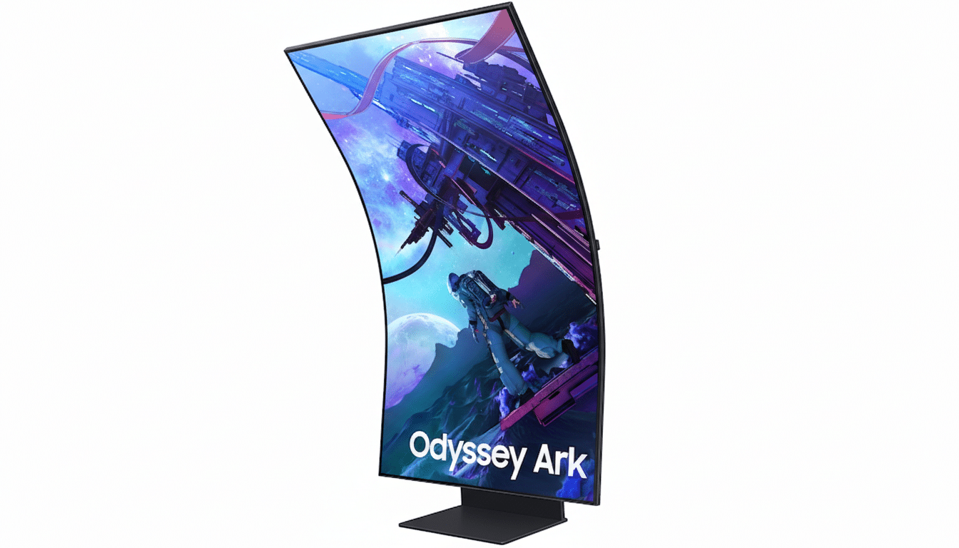 A curved Samsung Odyssey Ark gaming monitor displaying a space scene with an astronaut and the Odyssey Ark logo, set against a clean white background.