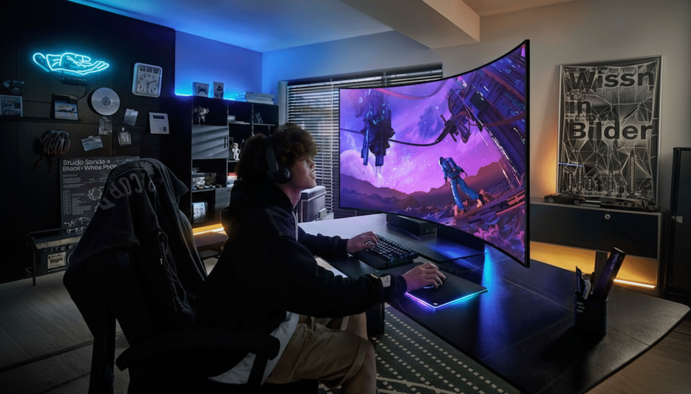 A person playing a video game on a large, curved monitor in a dimly lit room with blue and purple lighting.