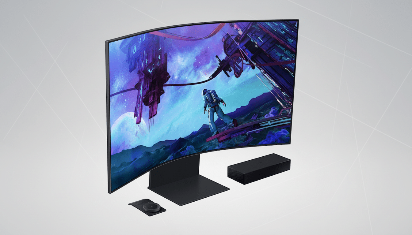 A curved black computer monitor displaying a vibrant space scene with an astronaut, accompanied by a black soundbar and a small black remote control, all set against a professional light gray background with subtle geometric patterns.