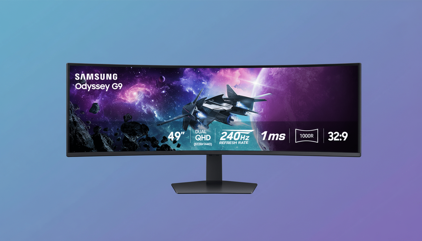 A Samsung Odyssey G9 monitor with a space-themed display, set against a professional flat design background with a soft blue and purple gradient.