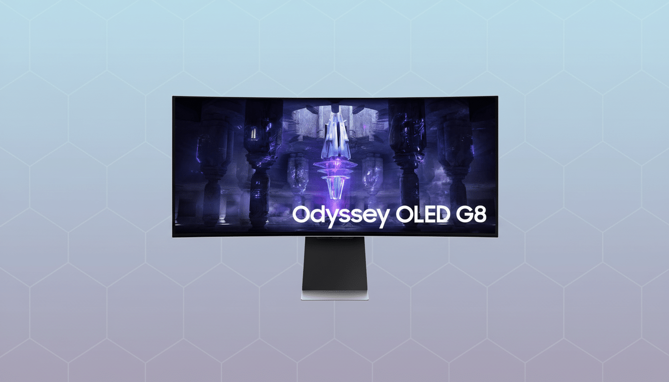 A Samsung Odyssey OLED G8 monitor displayed against a professional flat design background with soft patterns and gradients.