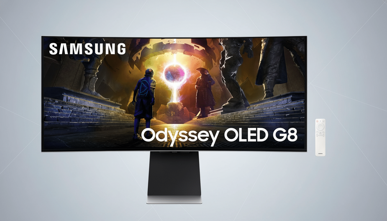 A Samsung Odyssey OLED G8 monitor with a curved screen displaying a vibrant video game scene, set against a professional flat gray background with a subtle gradient. A white remote control is positioned to the right of the monitor.