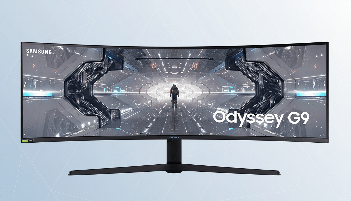 A Samsung Odyssey G9 curved gaming monitor displayed against a professional flat design background with soft blue and white gradients and subtle geometric patterns.