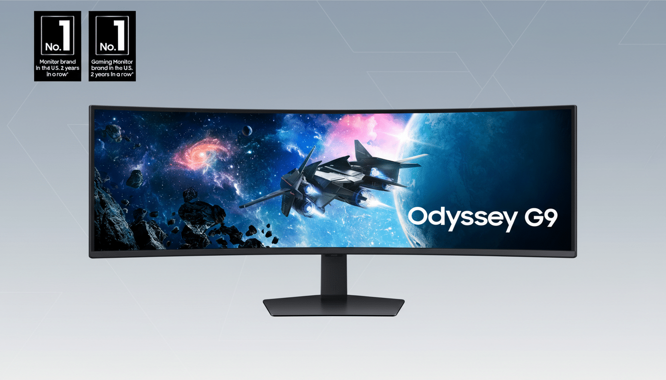 A Samsung Odyssey G9 gaming monitor displayed against a professional flat design background with soft patterns and gradients. The monitor shows a spaceship in space.