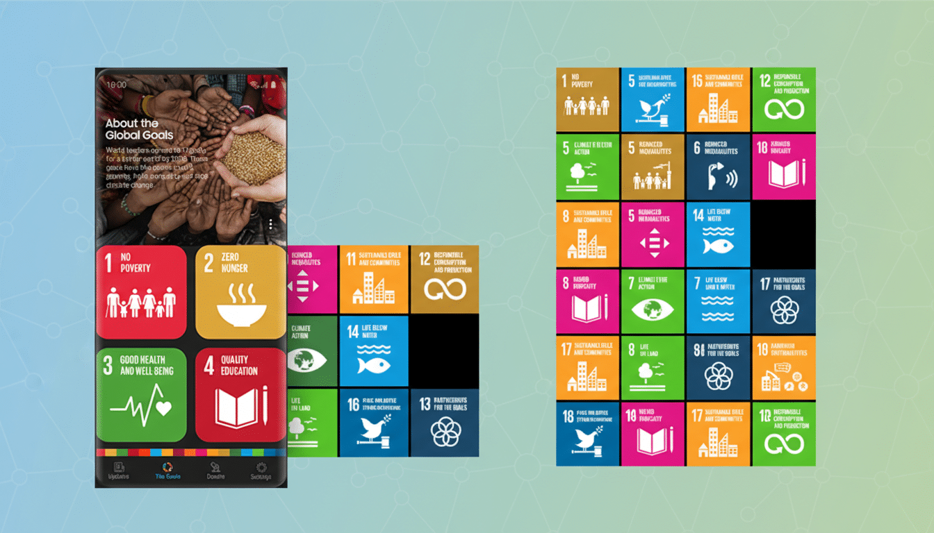 A mobile app screen displaying About the Global Goals with an image of hands holding grains, alongside a grid of colorful icons representing the 17 Sustainable Development Goals. The background is a professional flat design with soft patterns.