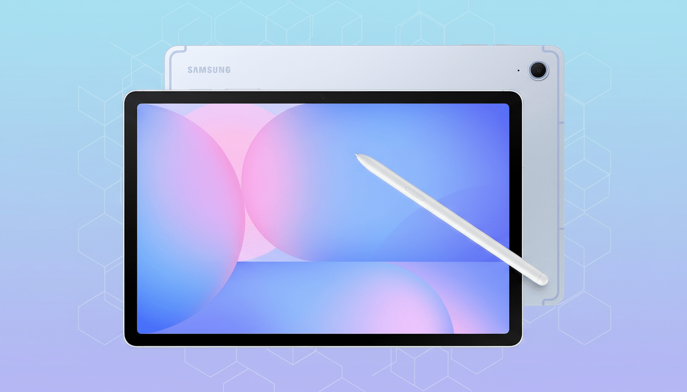 A Samsung tablet and S Pen are displayed against a professional flat design background with soft patterns and gradients.