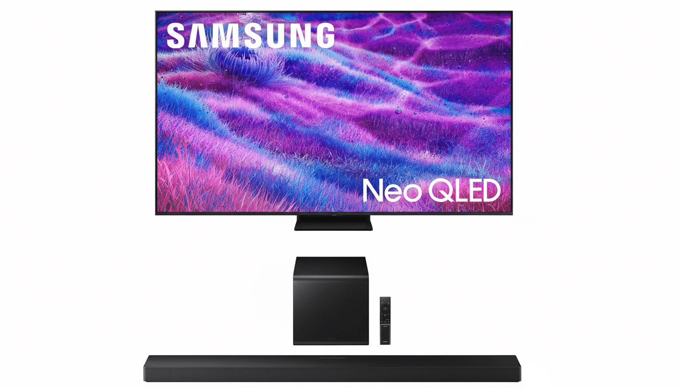 A Samsung Neo QLED TV, soundbar, and subwoofer with a remote control, all in black, against a white background.
