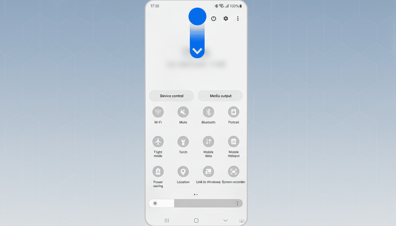 A smartphone screen displaying the quick settings menu with various toggles like Wi-Fi, Bluetooth, and Mobile data, set against a professional flat design background with soft patterns.