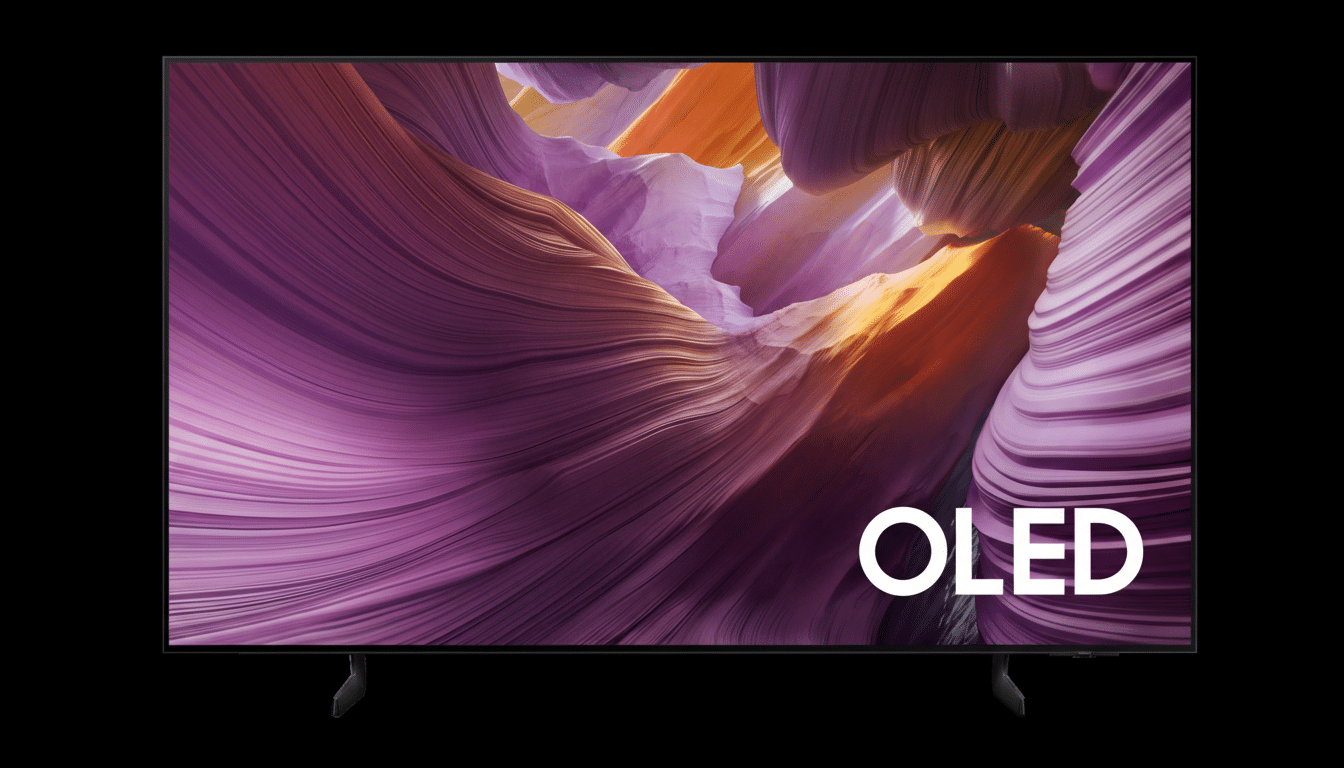 A sleek, modern OLED television displaying a vibrant, abstract image of swirling purple, orange, and yellow hues, set against a dark background.