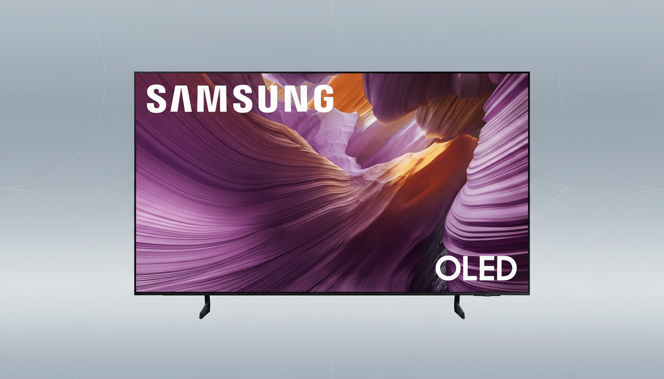 A Samsung OLED TV with a vibrant purple and orange abstract image on its screen, set against a professional flat gray background with subtle geometric patterns.