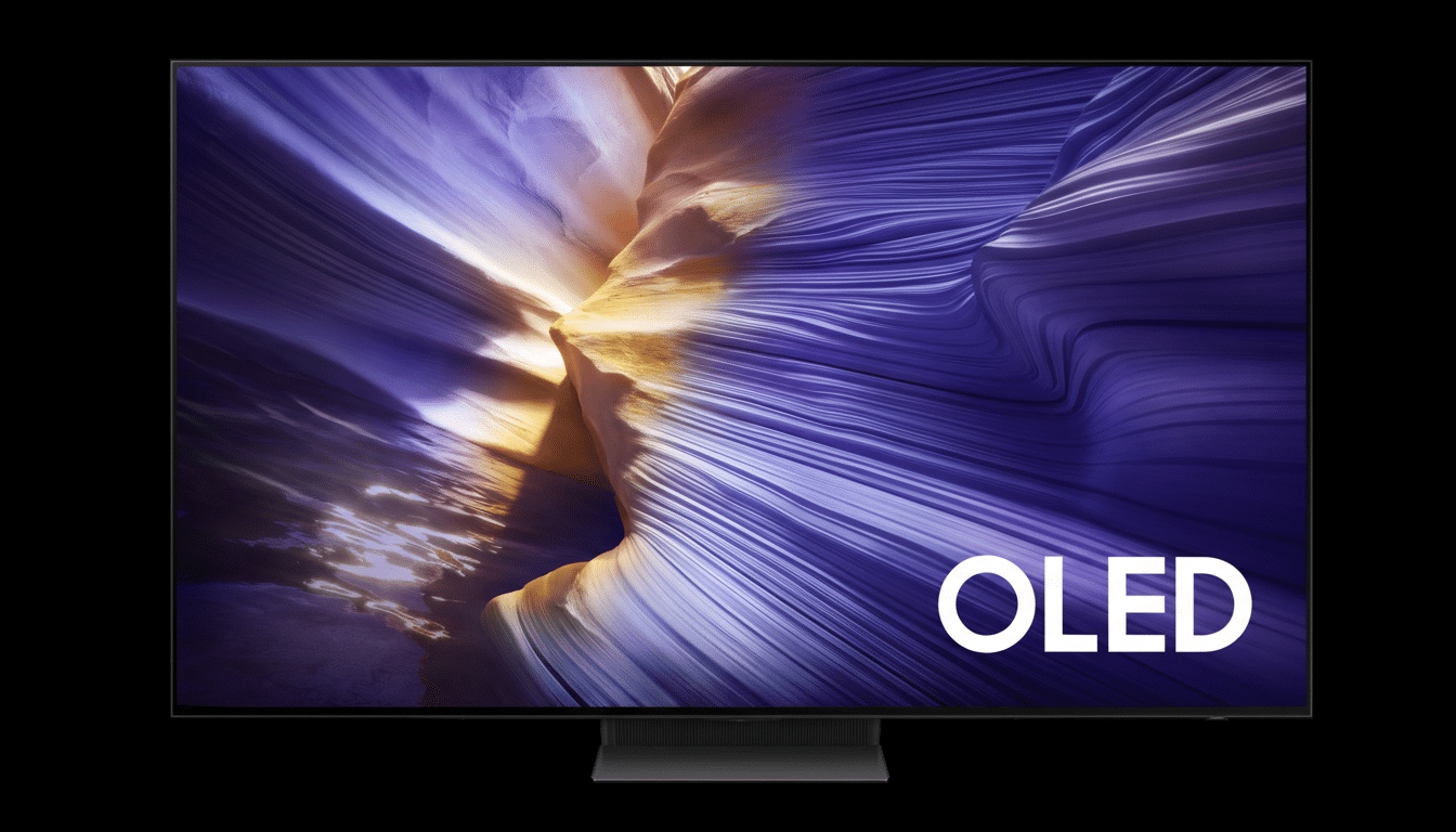 A sleek, modern OLED television displaying a vibrant, abstract image of purple and orange rock formations, set against a clean black background.