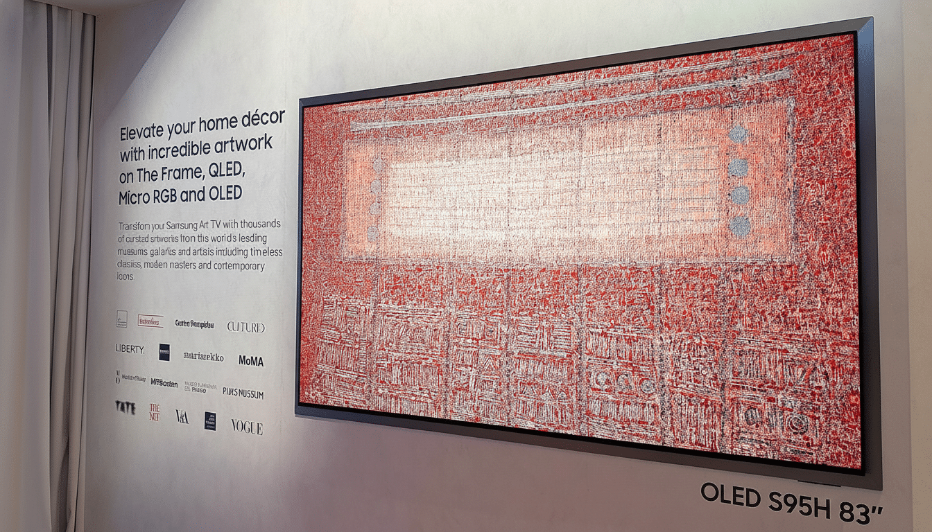A Samsung OLED S95H 83 TV displaying abstract red artwork, mounted on a wall next to text promoting its art features.