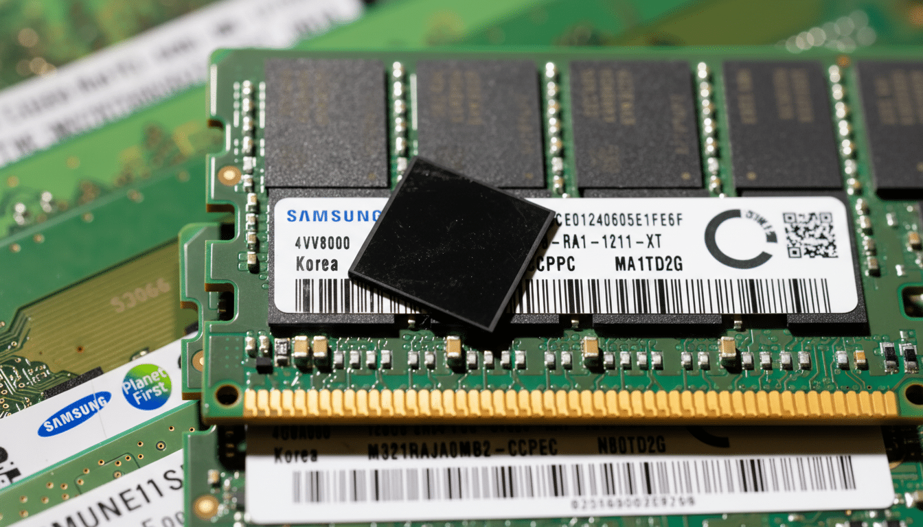 A close-up, professionally enhanced image of a Samsung RAM stick with a small, black square chip resting on its label, set against a background of other green circuit boards, resized to a 16:9 aspect ratio.