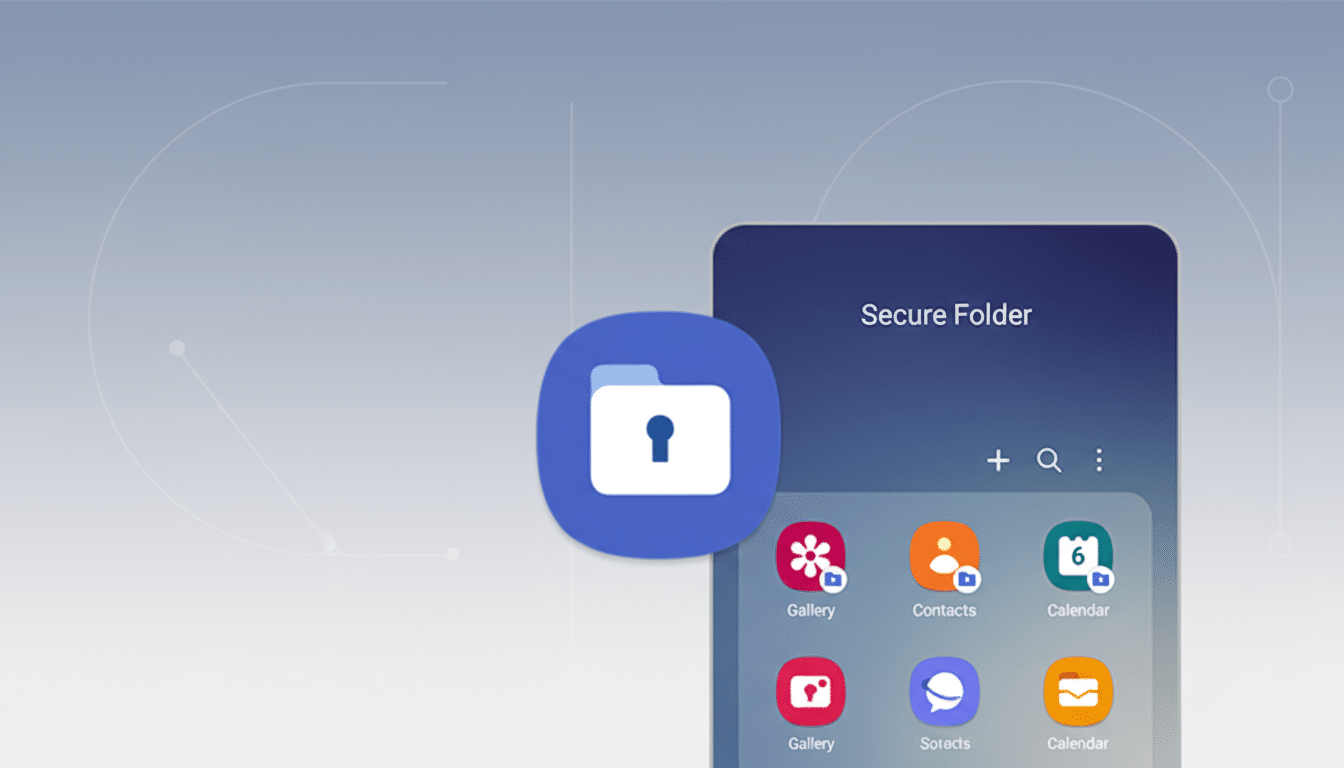 A smartphone screen displaying a Secure Folder with various app icons like Gallery, Contacts, and Calendar, alongside a floating blue folder icon with a white padlock symbol, all set against a professional flat design background with subtle patterns.