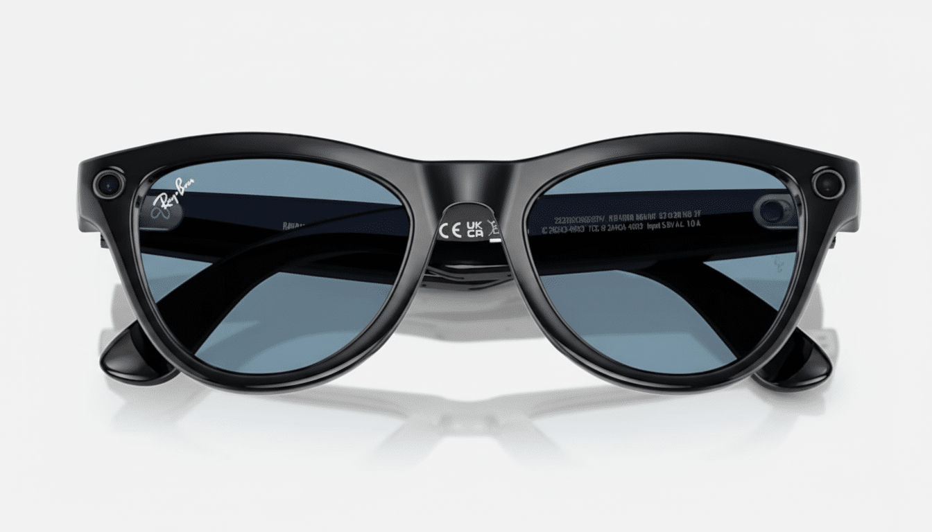 A pair of black Ray-Ban smart glasses with blue lenses, seen from a slightly elevated front view, on a white background.