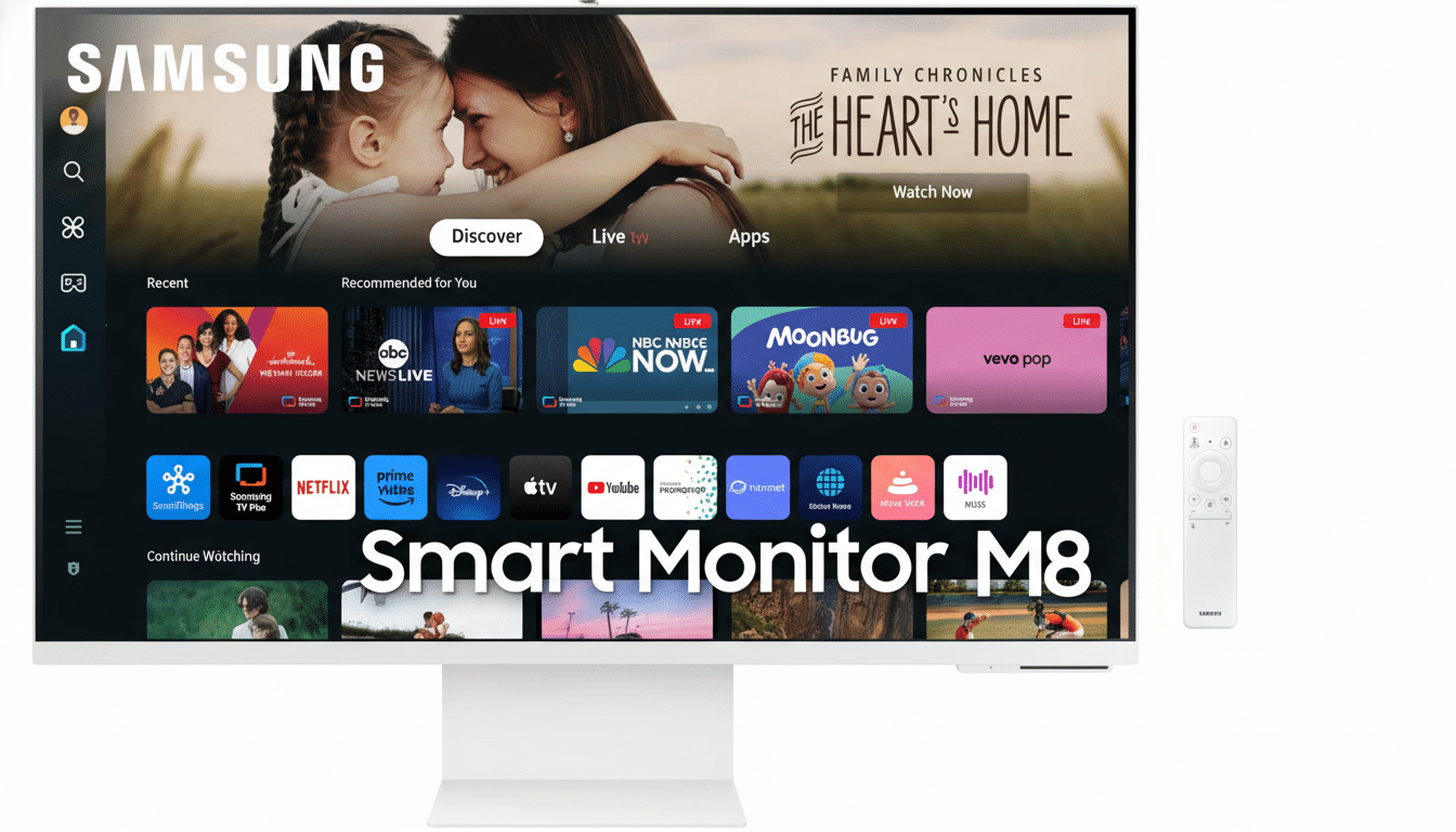 A Samsung Smart Monitor M8 displaying a home screen with various streaming apps and a family photo, resized to a 16:9 aspect ratio.