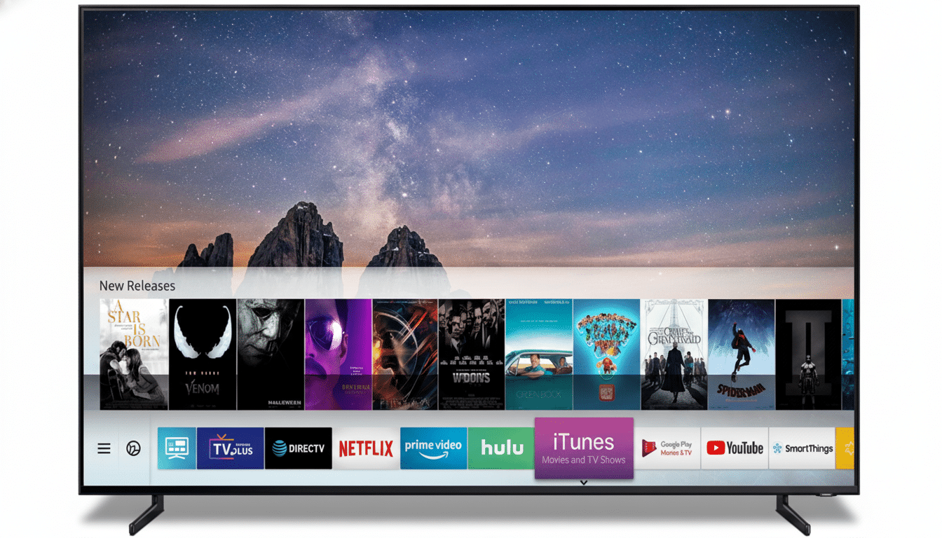 A smart TV displaying a home screen with various movie and app icons.