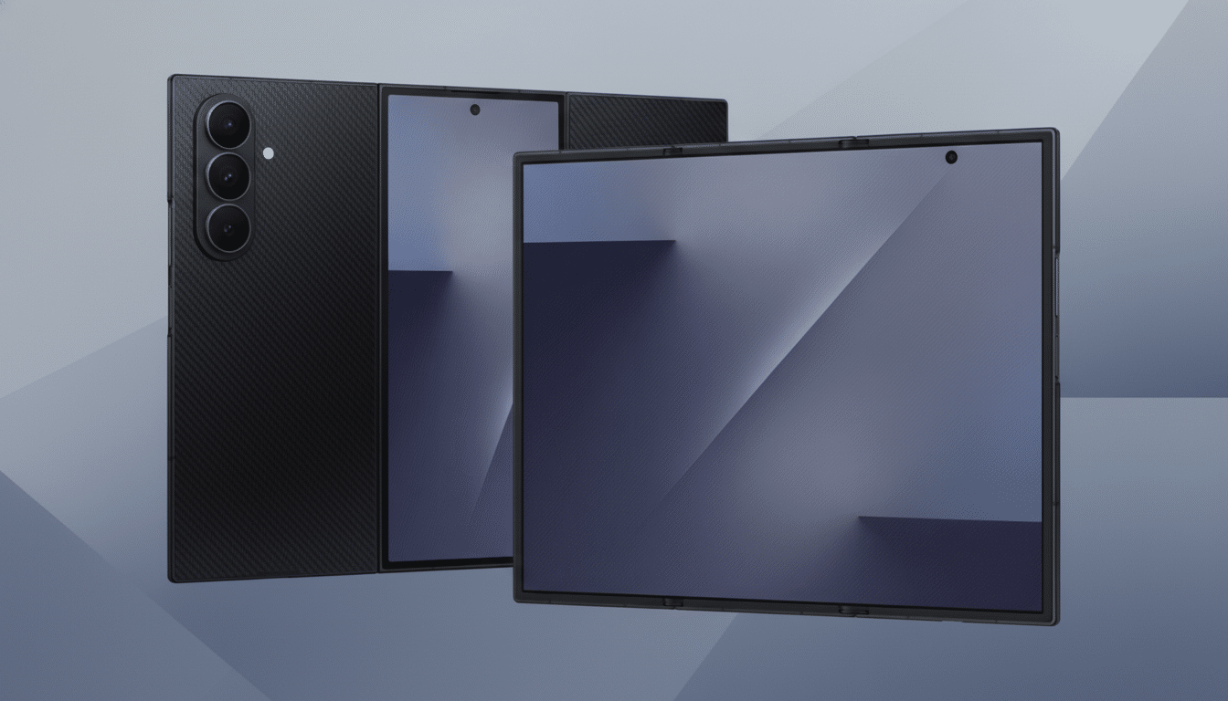 A black foldable smartphone, partially open, with its screen displaying a blue and grey abstract design, set against a professional flat background with soft geometric patterns in similar blue and grey tones.