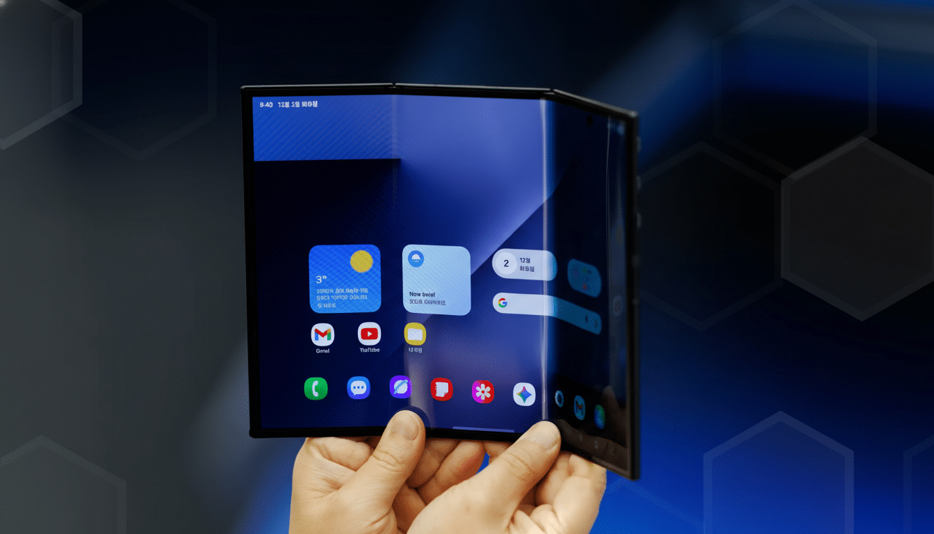 A person holding a foldable smartphone with a blue interface, resized to a 16:9 aspect ratio with a professional flat design background featuring soft hexagonal patterns.