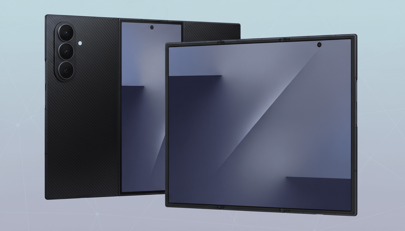 A black foldable smartphone, partially open, with a second, fully open black foldable smartphone in the foreground, both displaying a dark blue and purple gradient wallpaper, set against a professional light blue and grey gradient background with subtle geometric patterns.