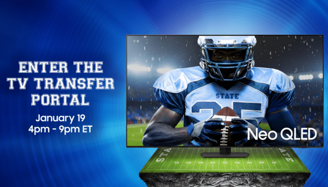 A 16:9 aspect ratio image featuring a television displaying a football player, with text ENTER THE TV TRANSFER PORTAL January 19 4pm - 9pm ET on a blue background.