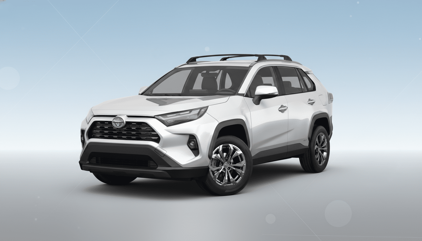 A white Toyota RAV4 with roof racks is parked on a light blue and white gradient background with subtle circular patterns.