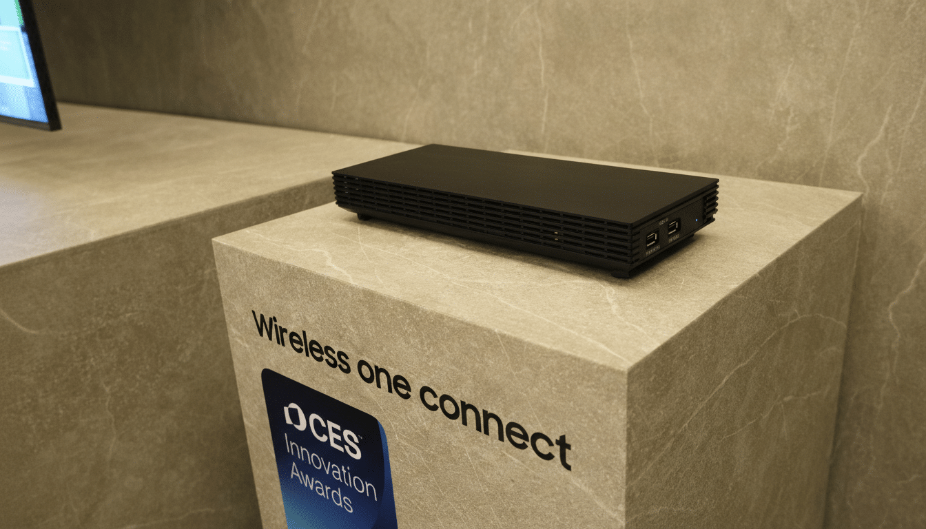 A black rectangular device with vents and ports sits on a light-colored pedestal that reads Wireless one connect and displays a CES Innovation Awards logo.