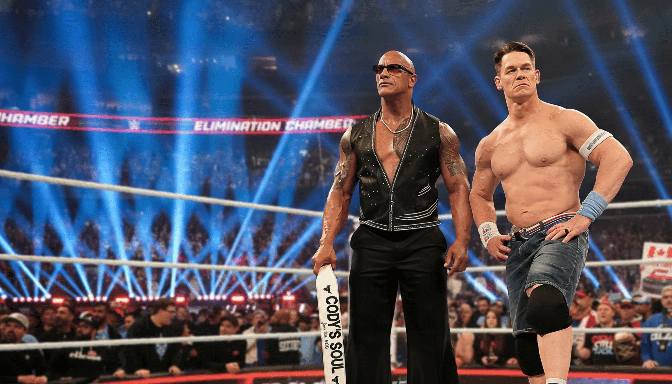 The Rock and John Cena standing in a wrestling ring, resized to a 16:9 aspect ratio.