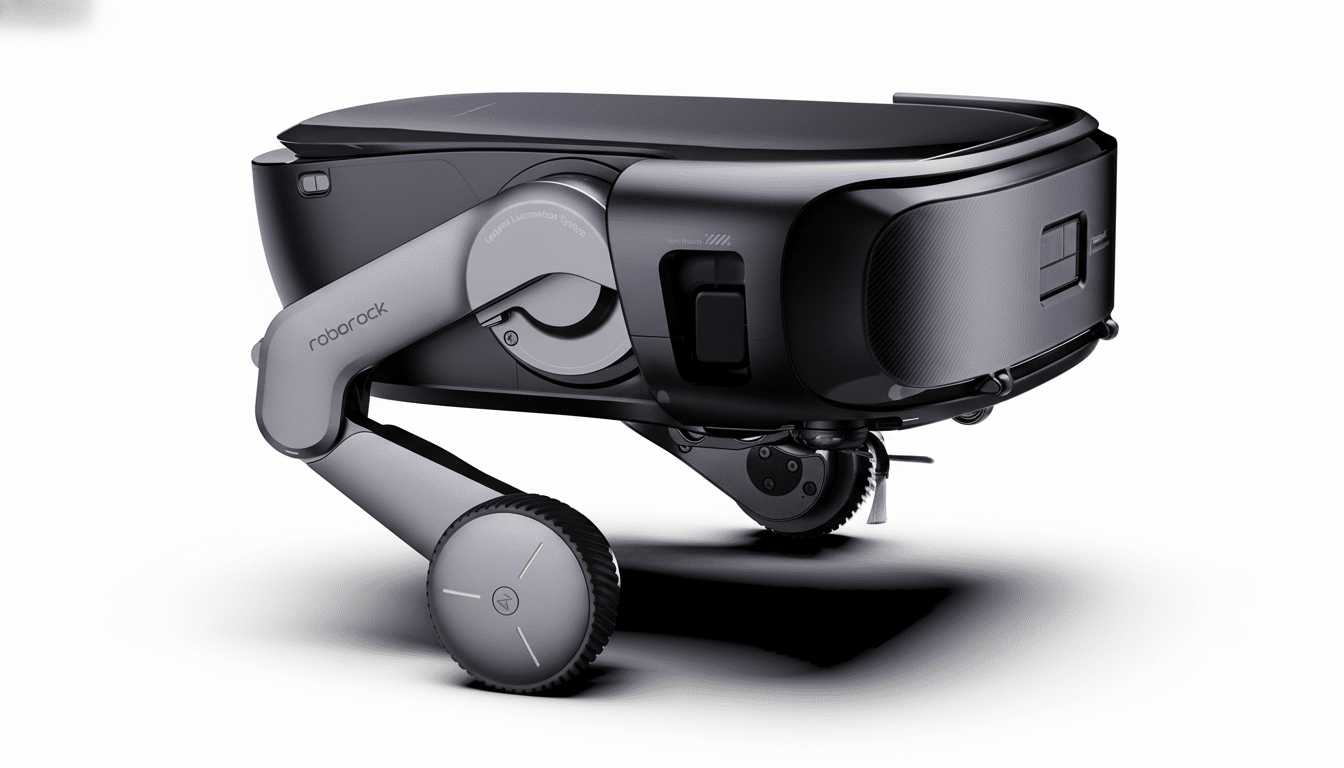 A sleek, dark grey robotic device with wheels and articulated limbs, featuring the roborock logo, presented on a clean white background.