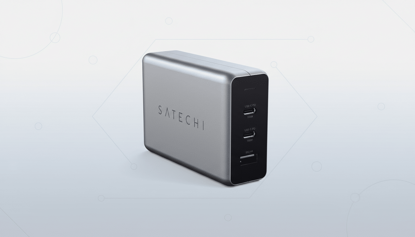 A silver Satechi 165W USB-C 4-port GaN charger with two 100W USB-C PD ports and two 5V/2.4A USB-A ports, presented on a professional flat design background with soft patterns.