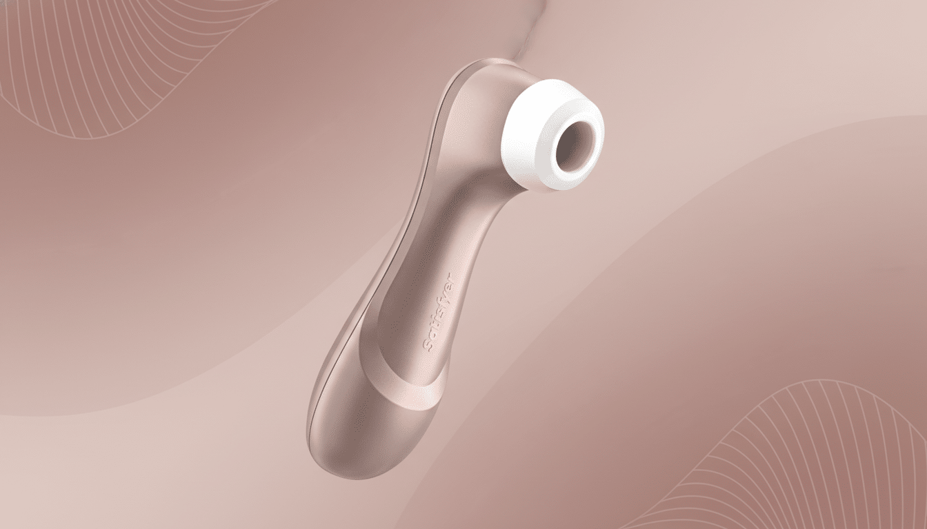 A rose gold Satisfyer brand device with a white tip, presented on a professional flat design background with soft patterns and gradients in complementary rose gold tones.