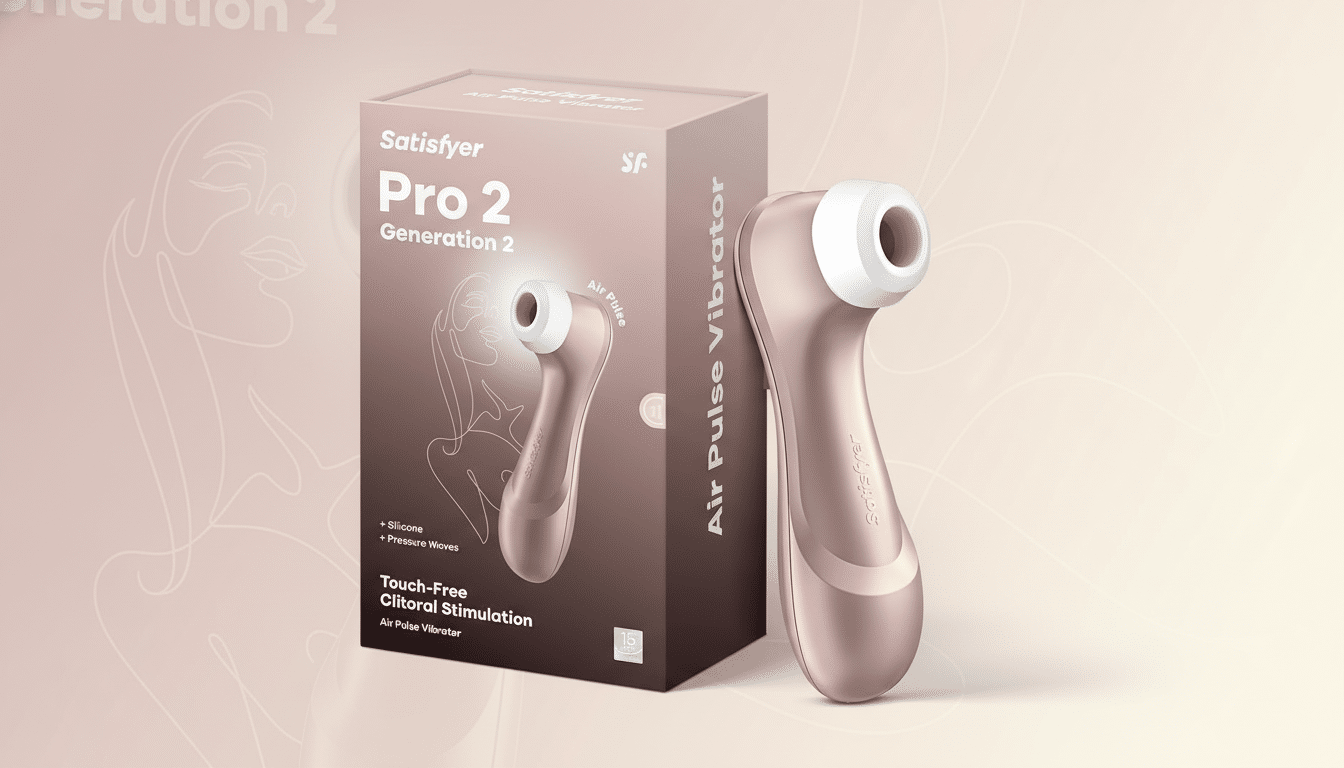 A Satisfyer Pro 2 Generation 2 air pulse vibrator and its packaging, presented on a professional flat design background with soft gradients.