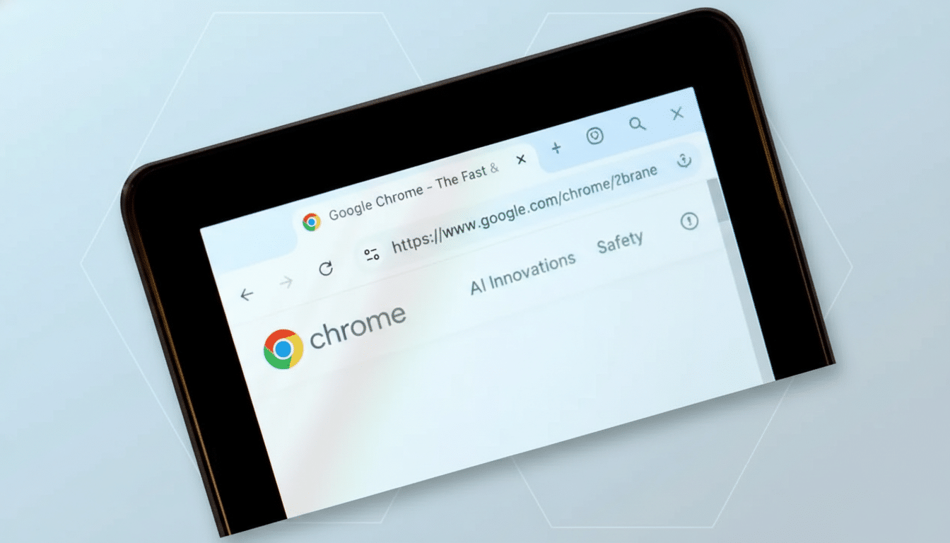 A close-up, professionally enhanced image of the Google Chrome browser open on a tablet, displaying the Google search page. The background has been updated to a professional flat design with soft patterns and gradients, while the tablet and browser content remain unchanged.