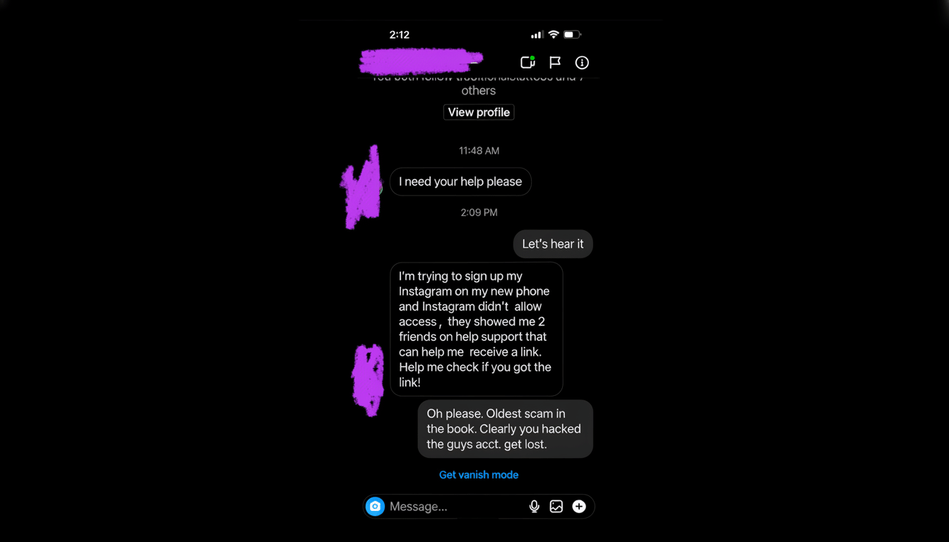 Fake Instagram password reset scam phishing prompt on smartphone screen